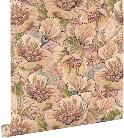 ESTAhome behang geborduurd bloemmotief bruin, beige en oudroze - 50 x 900 cm - 131295