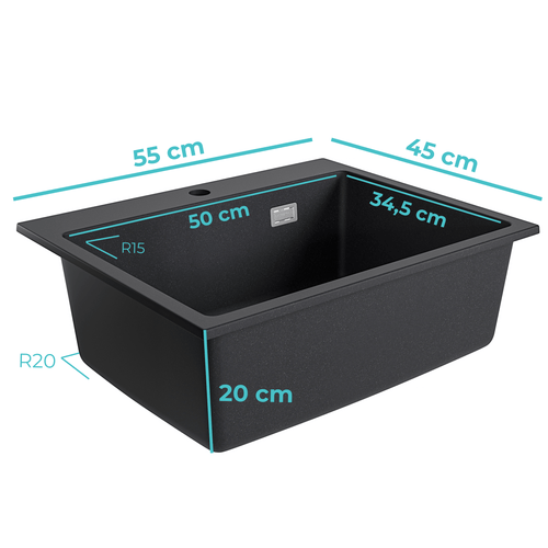 LOMAZOO spoelbak Thiago - opbouw - graniet - zwart - 55 x 45 cm