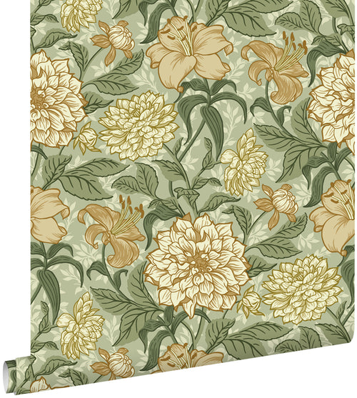 ESTAhome behang vintage bloemen groen en okergeel - 0,53 x 10,05 m - 139379 - vtwonen shop