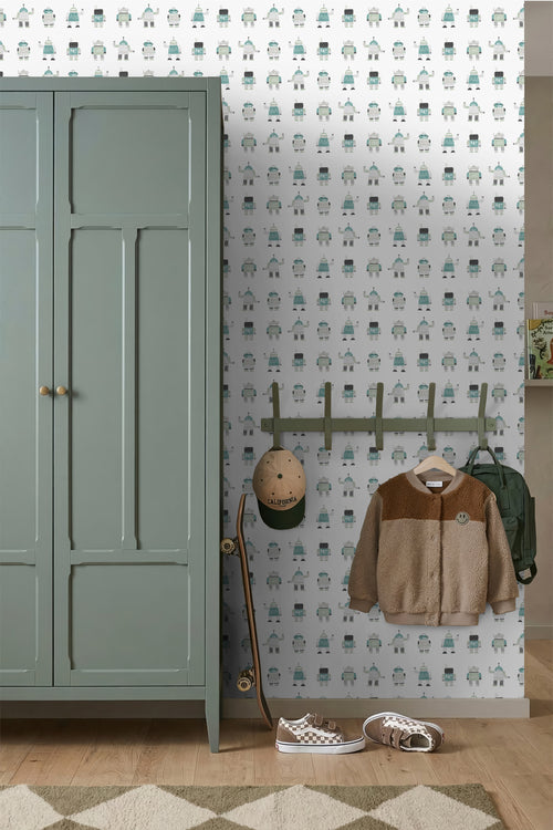 ESTAhome behang getekende vintage speelgoed robots mintgroen en blauw - 53 cm x 10.05 m - 138938