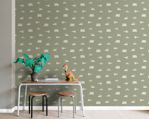 ESTAhome behang auto's, brandweerauto's, helikopters en kranen vergrijsd groen - 50 x 900 cm - 131454 - vtwonen shop