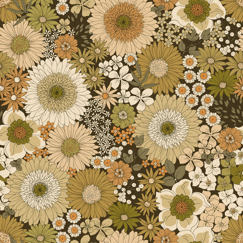 ESTAhome behang retro bloemen olijfgroen en oranje bruin - 50 x 900 cm - 131317 - vtwonen shop