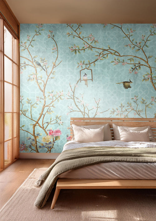 Sanders & Sanders fotobehang bloemen en vogels blauw, roze en geel - 375 x 270 cm - 601000 - vtwonen shop