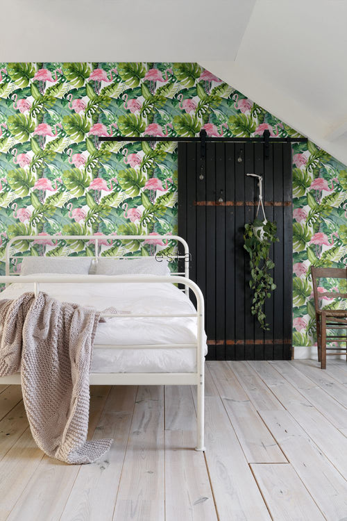 ESTAhome XXL behang tropische bladeren met flamingo's groen en roze - 50 x 900 cm - 158895 - vtwonen shop