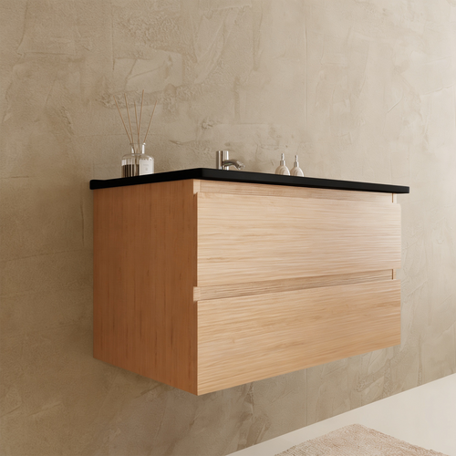 LOMAZOO badkamermeubel Marenza - zwevend - zwart keramiek - licht eiken - 80 cm