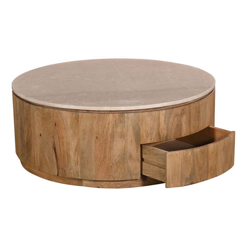 Giga Meubel Salontafel Elan Rond - Travertin - Naturel - 90x90x35cm - Incl. Lades - vtwonen shop