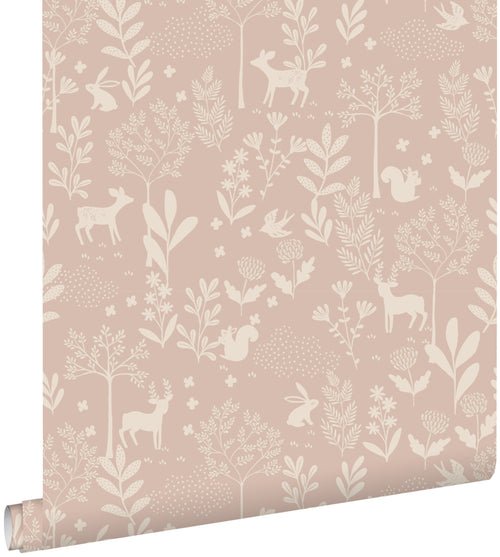 ESTAhome behang bos met bosdieren oudroze - 53 cm x 10.05 m - 139759