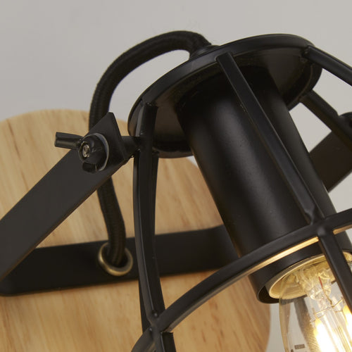 Vision Cage ronde wandlamp, mat zwart en hout
