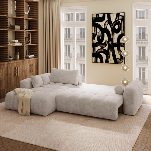 Premium Interiors - Linkshoekbank met slaapfunctie en opbergruimte SKY - gewaafd fluweel mol 310cm