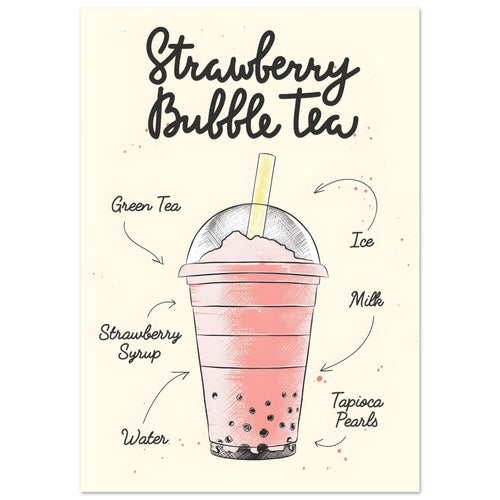 Artfulprints  Strawberry Bubble Tea – Ingrediënten   poster 30x40 cm