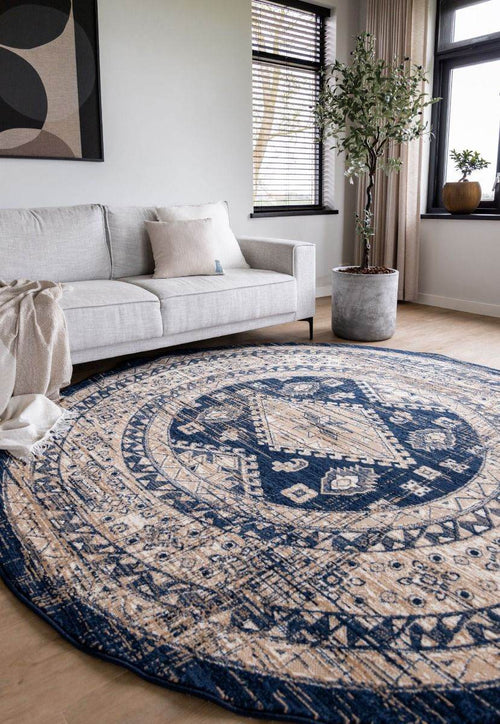 Interieur05 Rond Vintage Vloerkleed Aila Blauw - 190 x 190 cm - vtwonen shop
