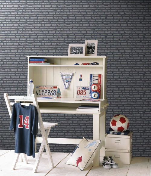 ESTAhome behang sport teksten grijsblauw - 53 cm x 10.05 m - 115624