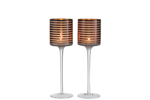 J-Line theelichthouder op voet Strepen - glas - bruin - large - 2 stuks