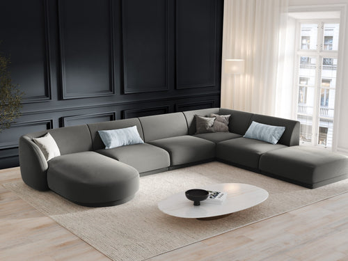 Micadoni Panoramische hoekbank rechts Miley 6-zits, flueel, lichtgrijs - 255x330x70cm