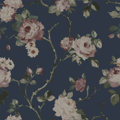 ESTAhome behang vintage bloemen donkerblauw en oudroze - 53 cm x 10.05 m - 139409