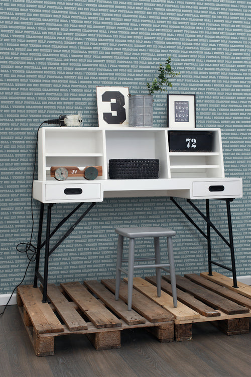 ESTAhome behang sportteksten donker vintage blauw - 53 cm x 10.05 m - 138804