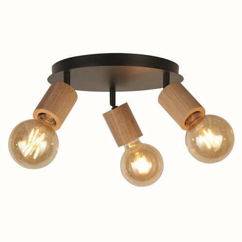 Spinny Ronde spot met 3 lichtpunten - hout en zwart metaal