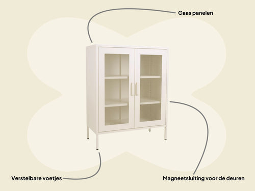 MaximaVida metalen locker vitrine kast Finn 102 x 80 x 40 cm ivoor - 2 schappen