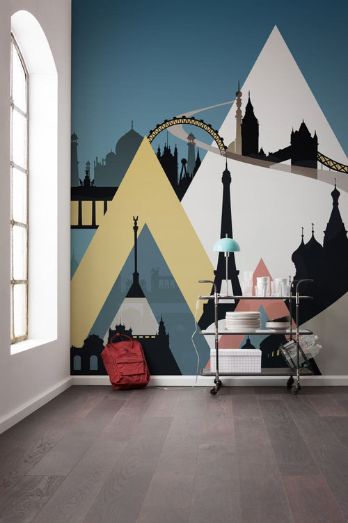 Sanders & Sanders fotobehang stadsgezicht blauw, geel en roze - 300 x 280 cm - 612136