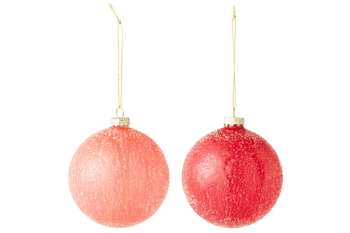 J-Line kerstbal Bevroren - glas - roze/rood - 2 stuks