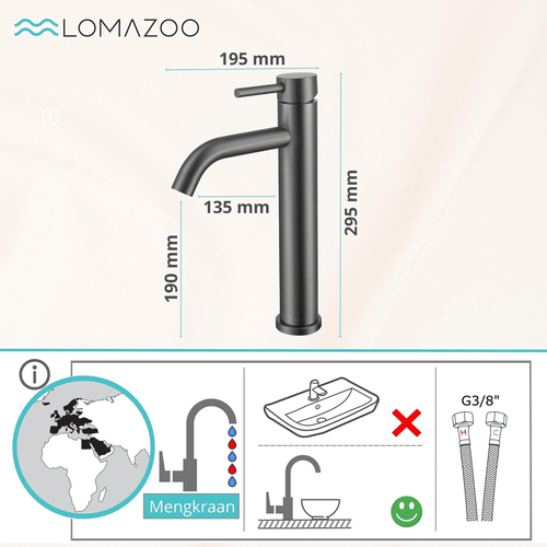 LOMAZOO wastafelkraan Jasmin - hoge uitloop - mengkraan - gun metal