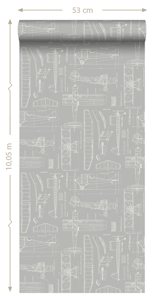 ESTAhome behang constructietekeningen van vliegtuigen taupe - 53 cm x 10.05 m - 128811