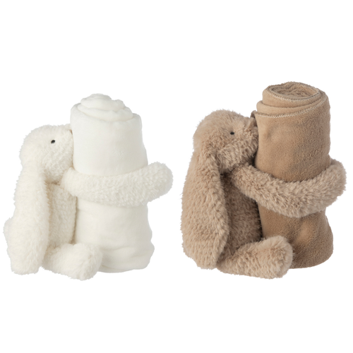 J-Line knuffelbeer + dekentje Konijn - polyester - wit/beige - set van 2