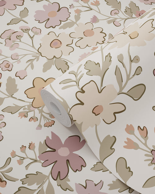 ESTAhome behang bloemetjes mauve paars, vergrijsd groen en terracotta - 53 cm x 10.05 m - 131328 - vtwonen shop