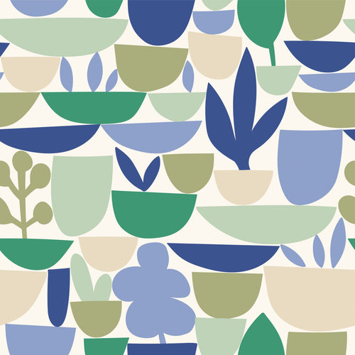 ESTAhome behang aardewerk en planten blauw en groen - 50 x 900 cm - 131076 - vtwonen shop