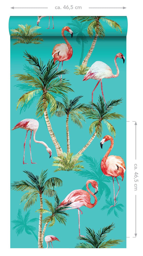 ESTAhome XXL behang flamingos turquoise, groen en roze - 50 x 900 cm - 158609