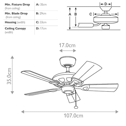 107 cm Deckenventilator mit Zugkette und 5 Flügeln, Mattweiß
