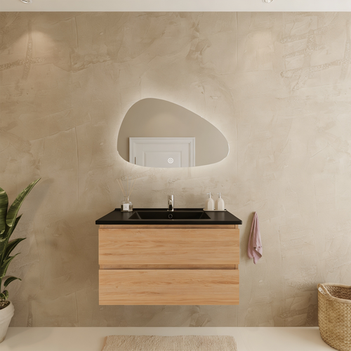LOMAZOO badkamermeubel Marenza - zwevend - zwart keramiek - licht eiken - 80 cm