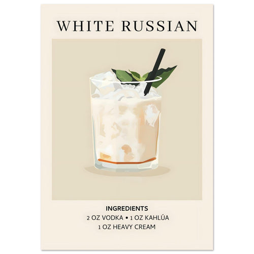 Artfulprints Poster White Russian cocktail - Ingrediënten   - A4 21x29.7 cm - Wit