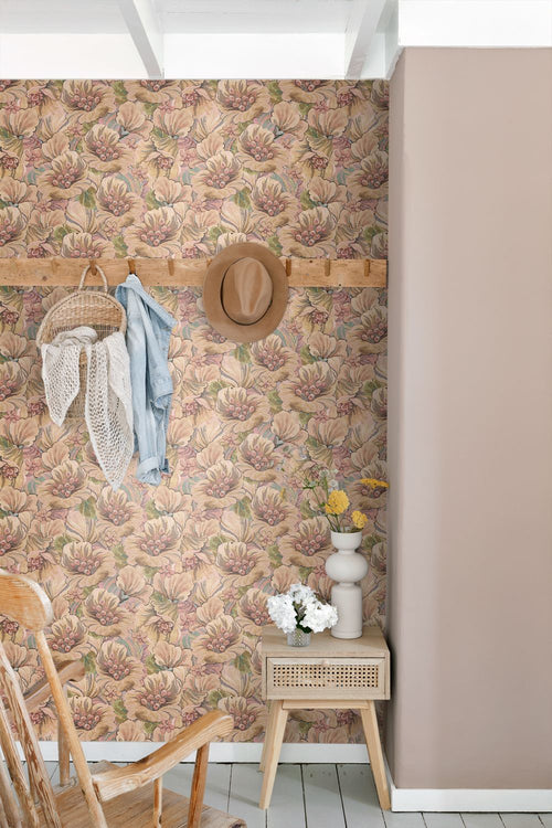 ESTAhome behang geborduurd bloemmotief bruin, beige en oudroze - 50 x 900 cm - 131295
