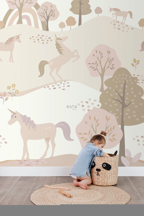 ESTAhome fotobehang unicorns beige en zacht roze - 200 x 279 cm - 159238 - vtwonen shop