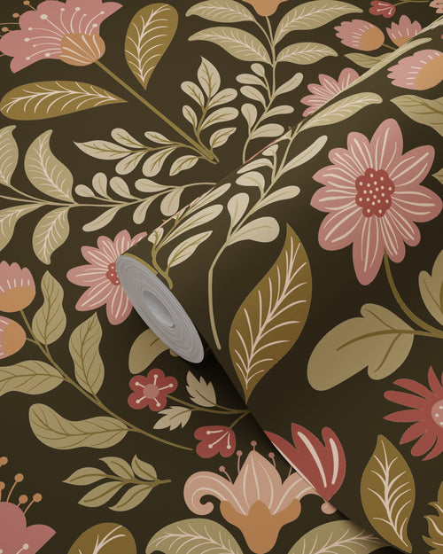 ESTAhome behang vintage bloemen groen en roze - 50 x 900 cm - 131893