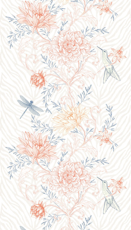 Livingwalls fotobehang bloemen en vogels meerkleurig, oranje, blauw en crème - 159 x 280 cm - AS-392011