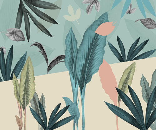 Komar fotobehang tropische planten blauw, roze en groen - 300 x 250 cm - 611203