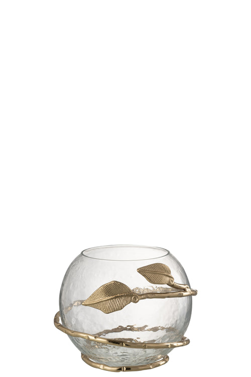 J-Line vaas Blad Schaal -  glas/ijzer -transparant/goud - Ø 10 cm