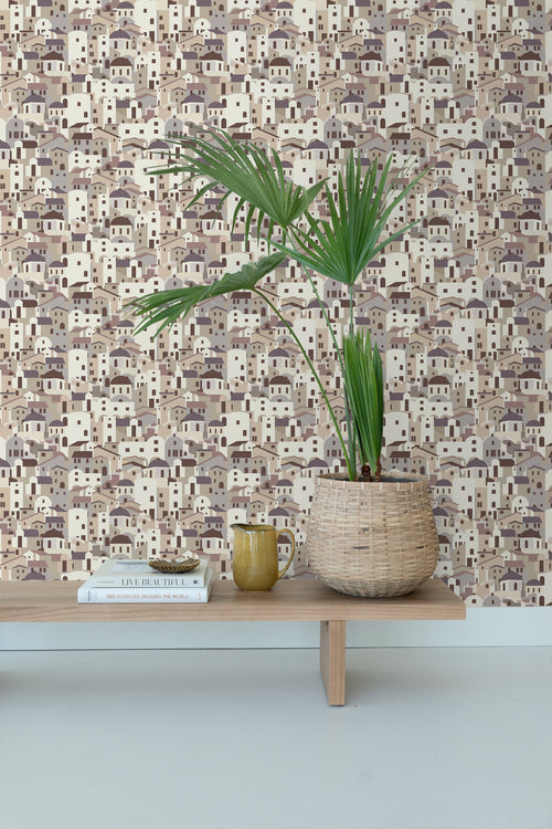 ESTAhome behang mediterrane huisjes beige en grijs - 50 x 900 cm - 139622 - vtwonen shop