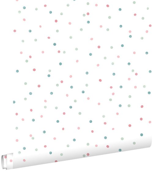 ESTAhome behang stippen roze, mintgroen en vergrijsd blauw - 53 cm x 10.05 m - 139049