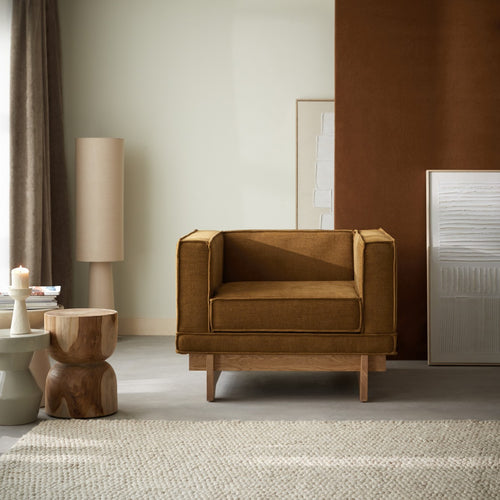 Tikamoon Eikenhouten fauteuil met okerkleurige stof - Mosterd