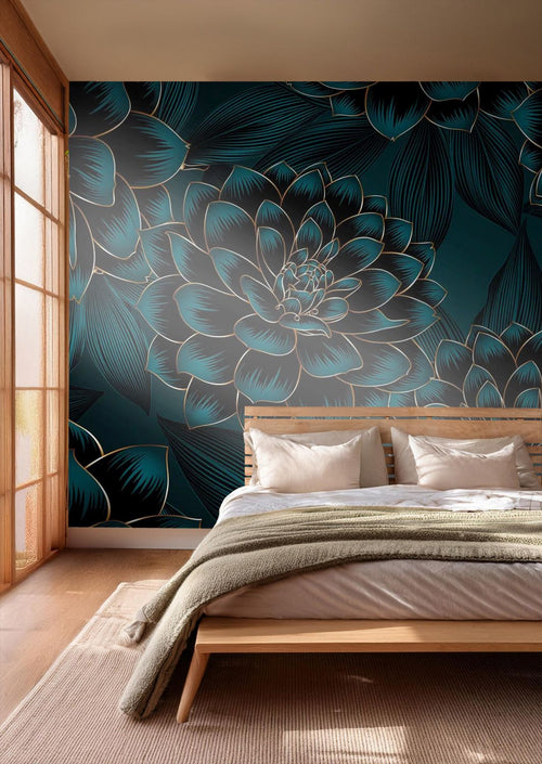 Sanders & Sanders fotobehang bloemen petrolblauw en goud - 375 x 270 cm - 601454