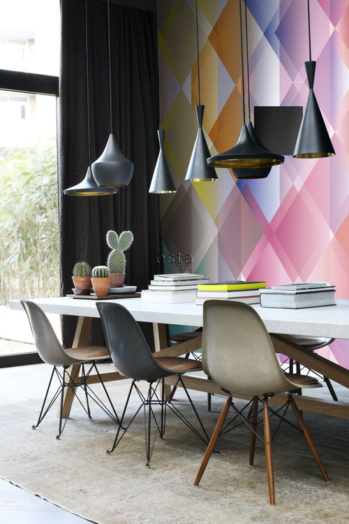 ESTAhome fotobehang verlopende grafische ruiten roze, rood, paars, groen en blauw - 300 x 279 cm - 158917 - vtwonen shop