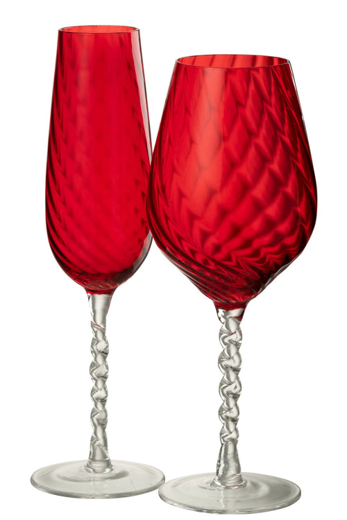 J-Line champagneglas gestreept - glas - rood - set van 6