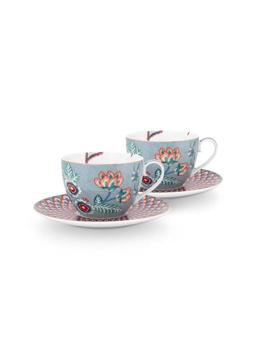 Pip Studio Flower Festival Kop en Schotel - Servies - Set van 2 - Lichtblauw - 280ml - vtwonen shop