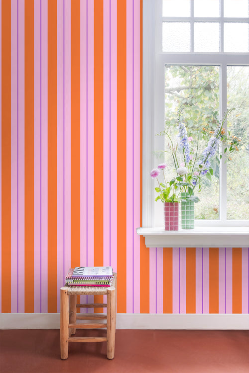 ESTAhome behang strepen oranje en roze - 50 x 900 cm - 131678