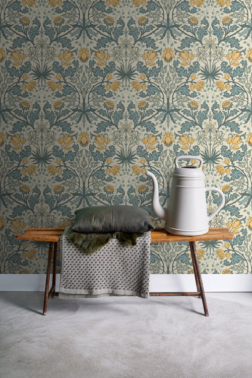 ESTAhome behang vintage bloemen in art nouveau stijl blauw en geel - 50 x 900 cm - 131181 - vtwonen shop