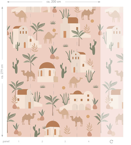 ESTAhome fotobehang kamelen en cactussen zacht roze, terracotta en groen - 200 x 279 cm - 159295 - vtwonen shop