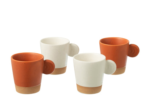 J-Line kopje Met Oor + Bamboubasis - keramiek - wit/oranje - doos van 4